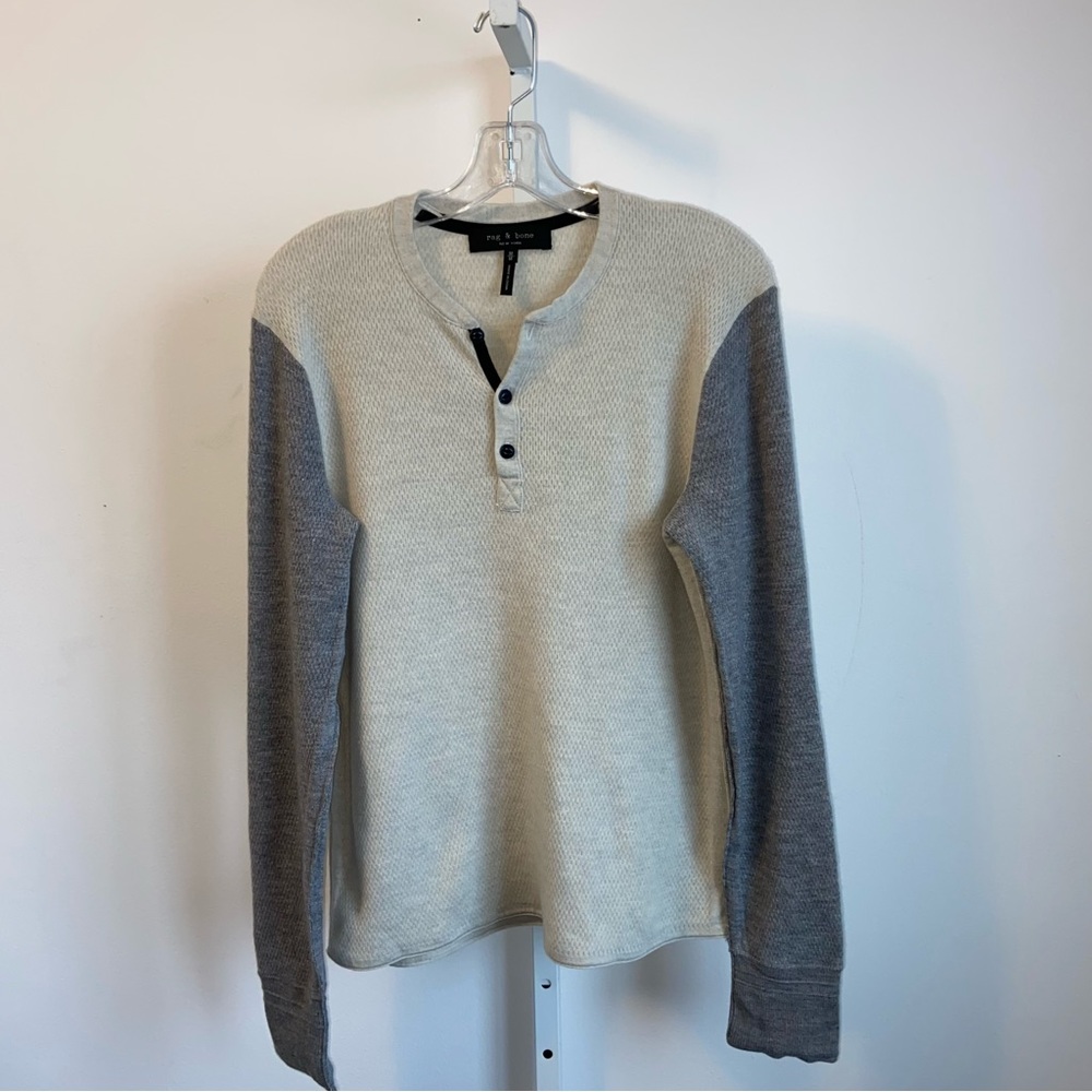 Rag & Bone Mens Henley Sweater Gray Beige Merino Wool Blend Size Medium